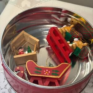 Vintage Wooden Mini Christmas Ornaments Folk Country w/ Christmas Tin